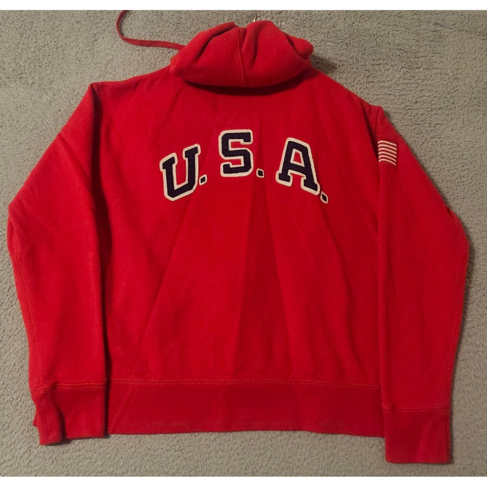 Polo Ralph Lauren Womens Red USA Full Zip Hoodie Big Pony Flag Patch Large